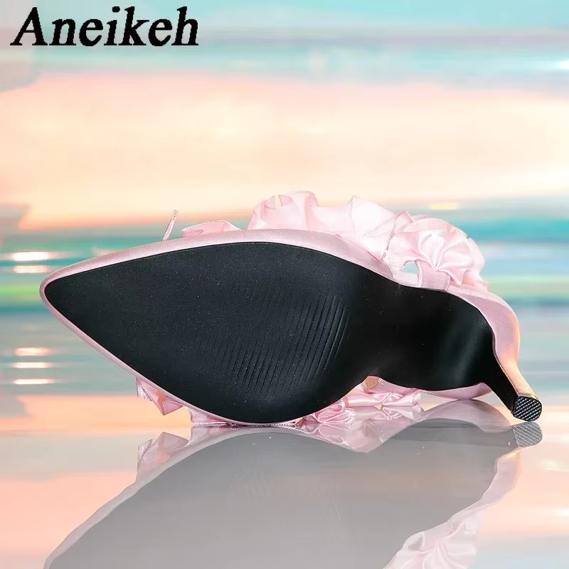 Aneikeh 2025 Spring Pink Silk Butterfly-Knot Pointed Toe Women Pumps Sandals Sexy Stiletto High Heels Banquet Prom Shoes