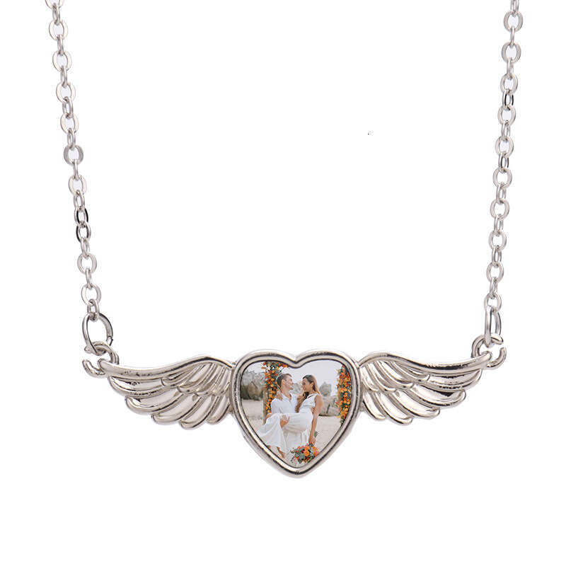 Blank heat transfer heart-shaped angel wings metal jewelry pendant wing necklace