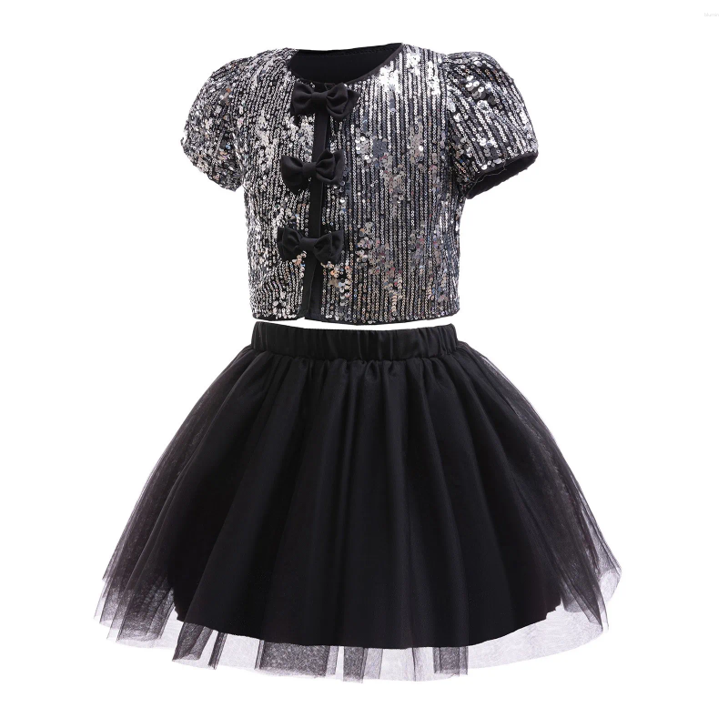 Girl Dresses Girls French Retro Sequin Dress Short Sleeve Jacket Top And Mesh Skirt Tutu Two Piece Set Size 12 Outfits