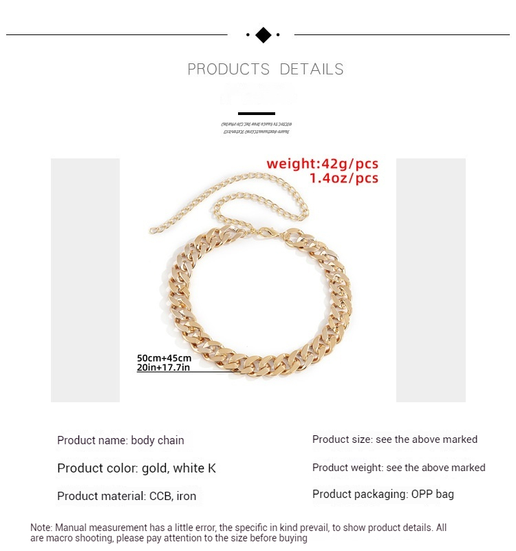 Jewelry punk hip-hop exaggerated body simple single layer thick dress accessory fashion Woman waist chain