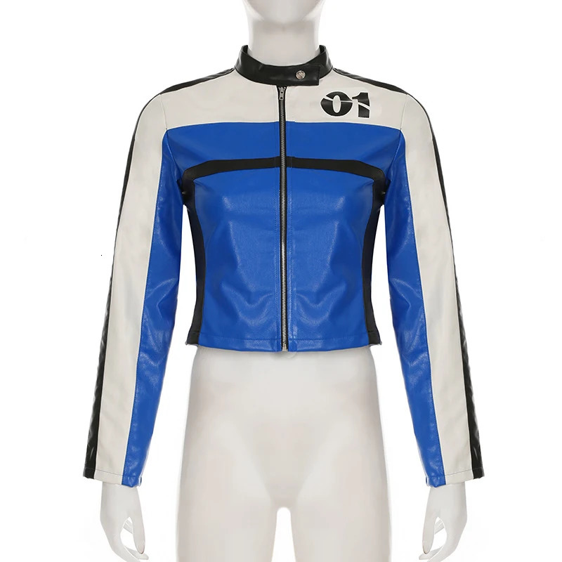 BKQU Motorcycle Zipper Leather Jacket Womens Fashion Contrast Color Printed Long Sleeve Crop Coat Autumn/Winter Y2K Street Clothing 250208