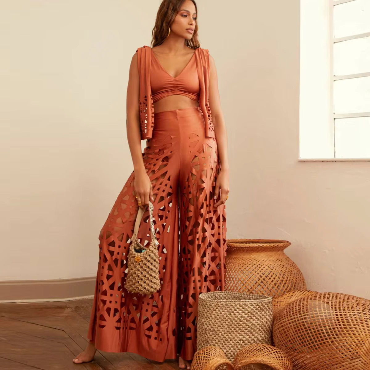 Two Piece Set Wides Legs Elegant Solid Women Deep V Hollow Out Sexy Short Top Wide Leg Pants Suit Office Lady Clothing