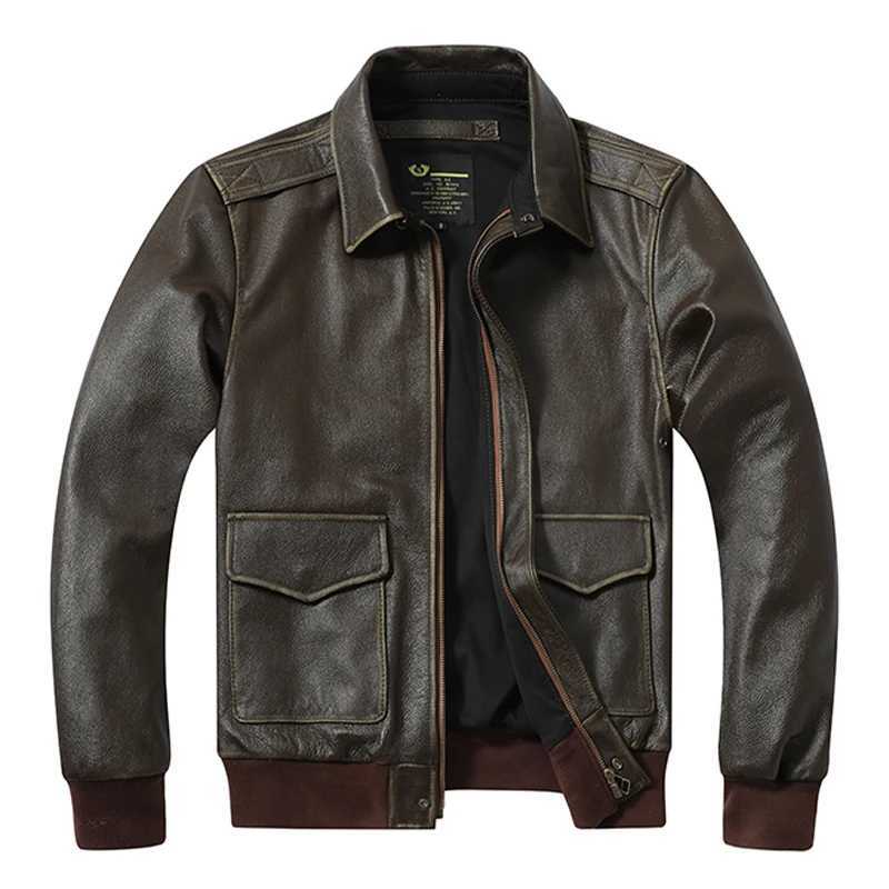 Vintage Olive Mens Leather Jacket A2 Bomber Jacket Top Kovskin Military Style Jacket Loose Collar Autumn Leather Jacket X250213