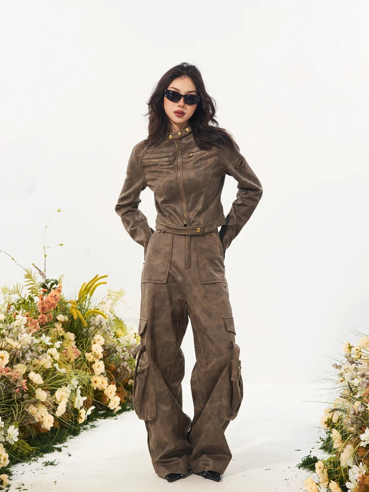Solid Jackets Womens week Motorcycle Rider Spring and Autumn Retro American Style Ultra Thin Crop Fashion High end Young Street 250208
