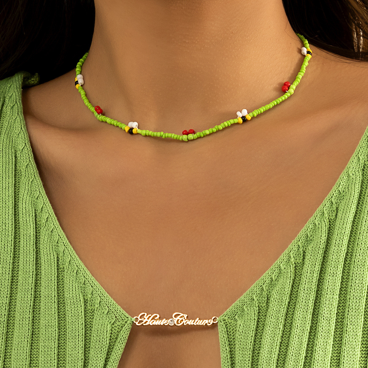 designer Woman Weaving beaded colorful rice beads, bees, minimalist collarbone chain, versatile splicing pearl ethnic necklace for women