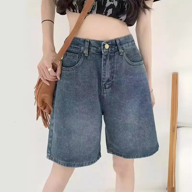 Korean Style Simplewashingdenim Womens High-Waisted Slimming Straight-Leg Wide-Leg Mid-Length Trendy Shorts Summer 250210