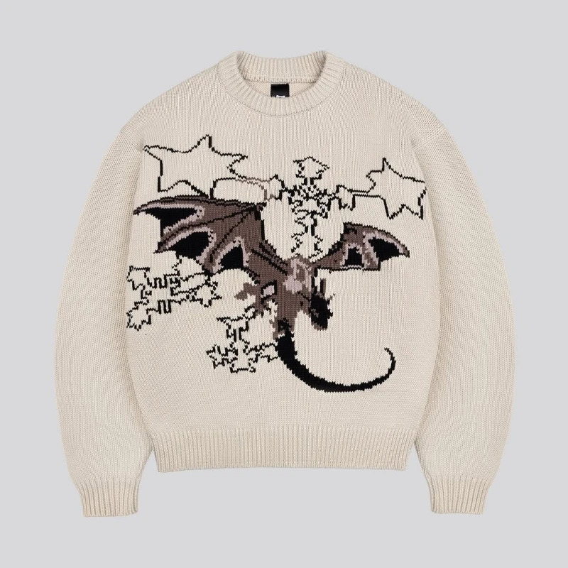 Y2K Mens fashionable pullover Harajuku Round Neck loose Streetwear Gothic HipHop Cartoon Flying Dragon Pattern embroidery Sweater 250211