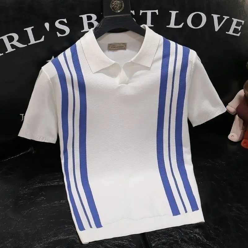 Korean mens striped polo shirt summer streetwear fashionable mens clothing T-shirt slim fit short sleeved loose basic casual top X250213