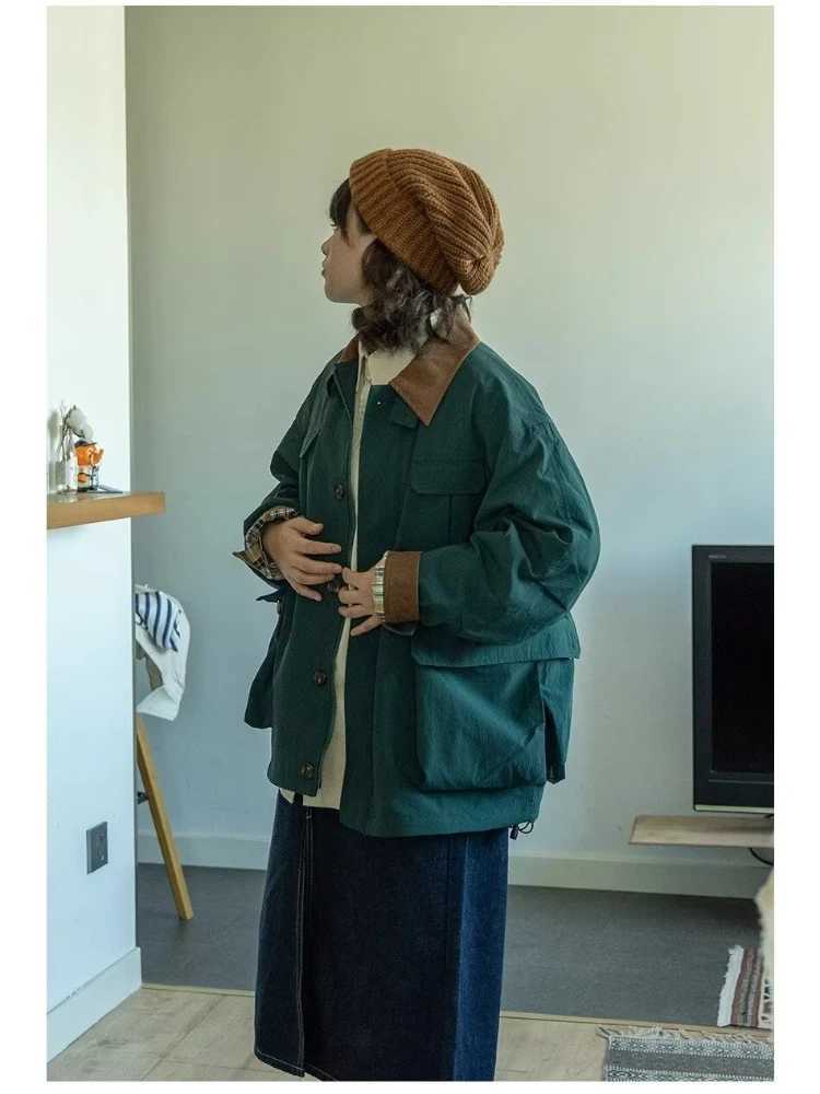 Vintage Cargo Jacket Men Women Solid Color Multi-pocket Loose Coat Harajuku Lapels Color-blocke Casual Jacket Spring Unisex Tops X250213