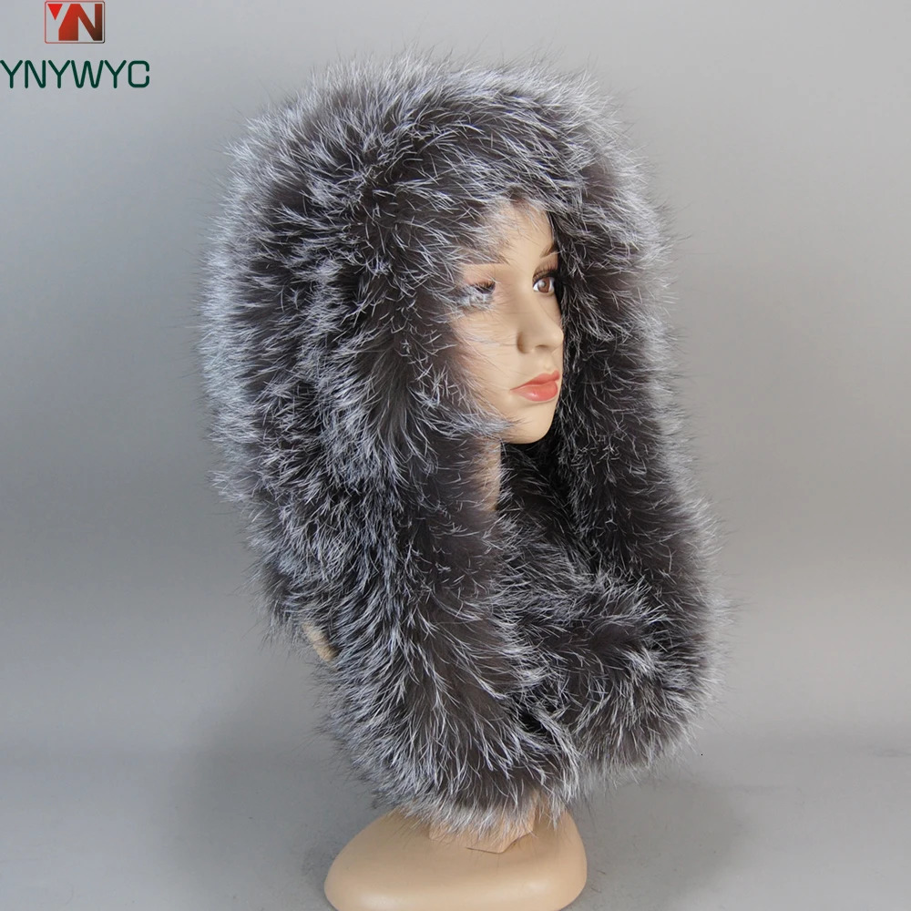 Fashionable Genuine Large Female Fur Hat Hood Volume Hats For Women Winter Warm Novelty Knitted Scarf 250118