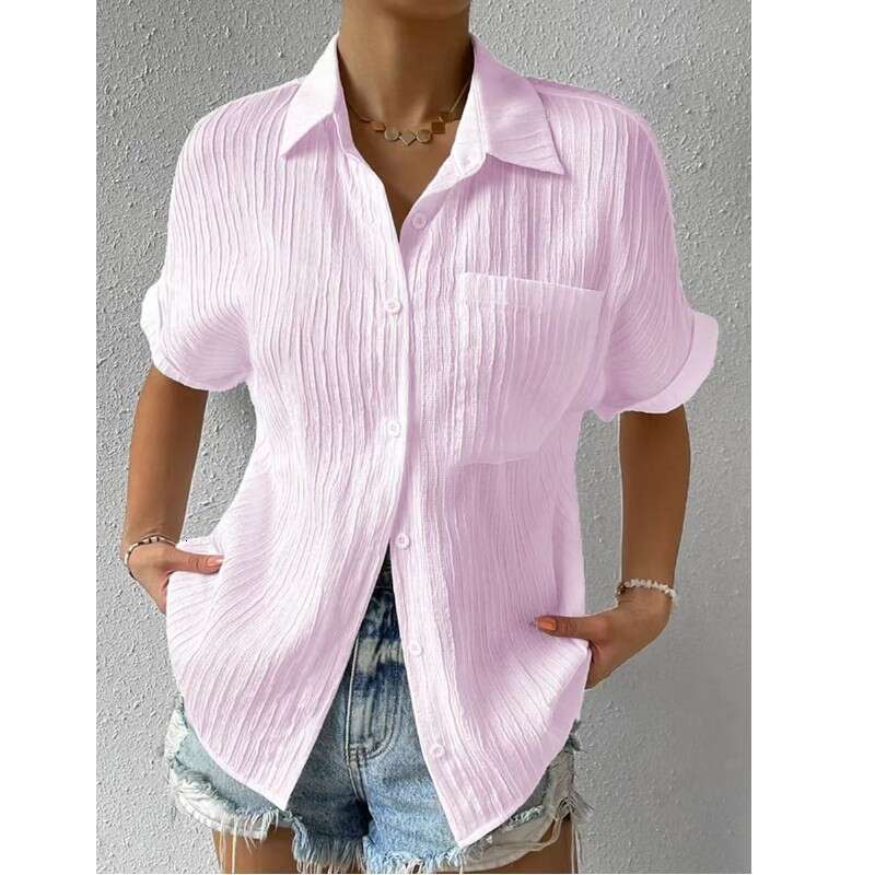Cardigan 2025 patchwork pocket solid color temperament lapel raglan shirt short sleeved women's new casual versatile fashion clothing