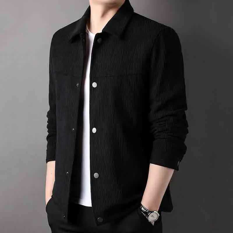 Autumn New Neck Corduroy Jacket Mens Solid Button Pocket Korean Youth Fashion Business Casual Work Coat Long SLeeved Top X250213