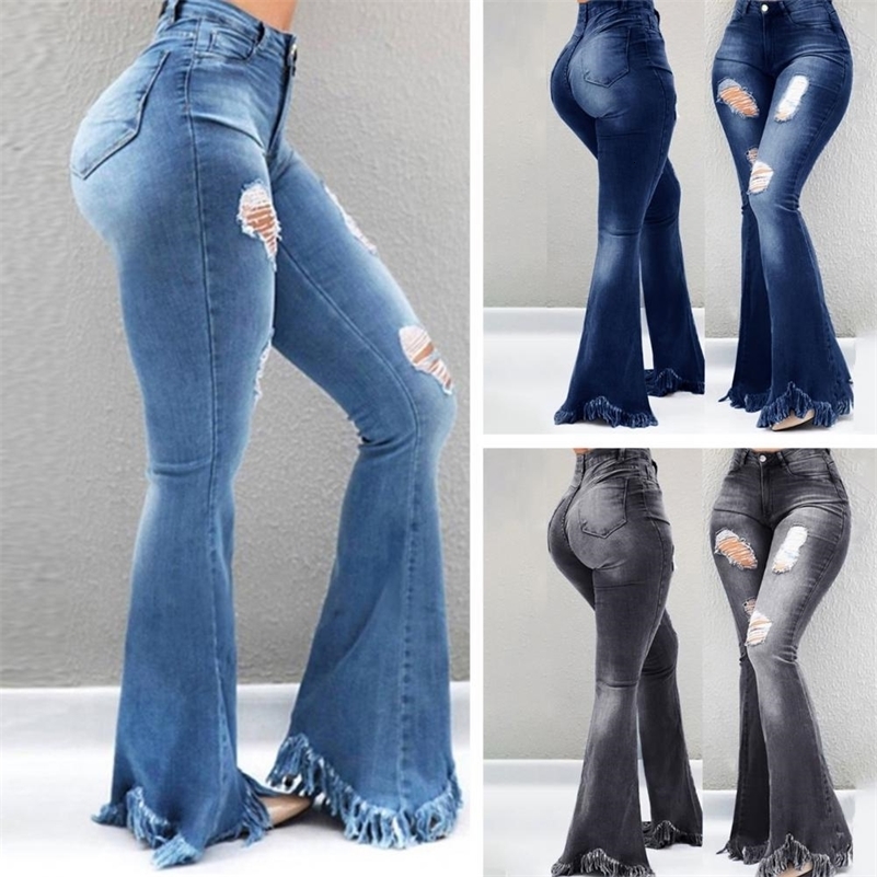 Full Length Denim Women Flared Pants High Waist Pockets Ripped Holes Bell Bottom Trousers Tassel Cuffs Pant Jeans y250121