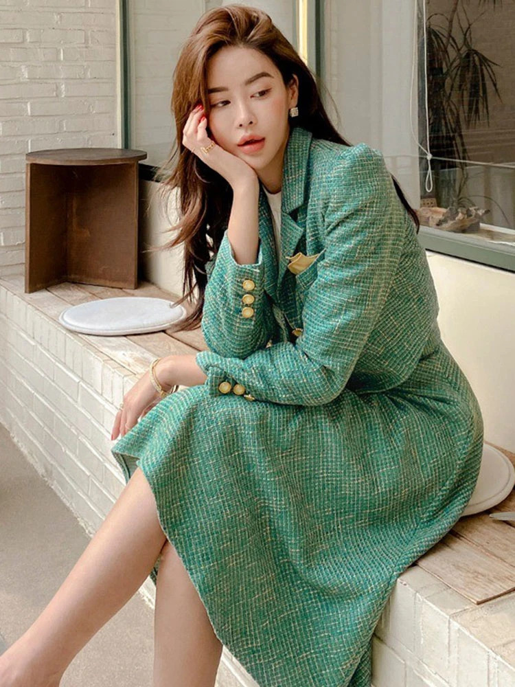 Fashion Women Office Outfit Stripe Vintage Lady Single Breasted Short Blazer Coat Suit Jacket High Waist Midi Skirt 2 Piece Sets 250213