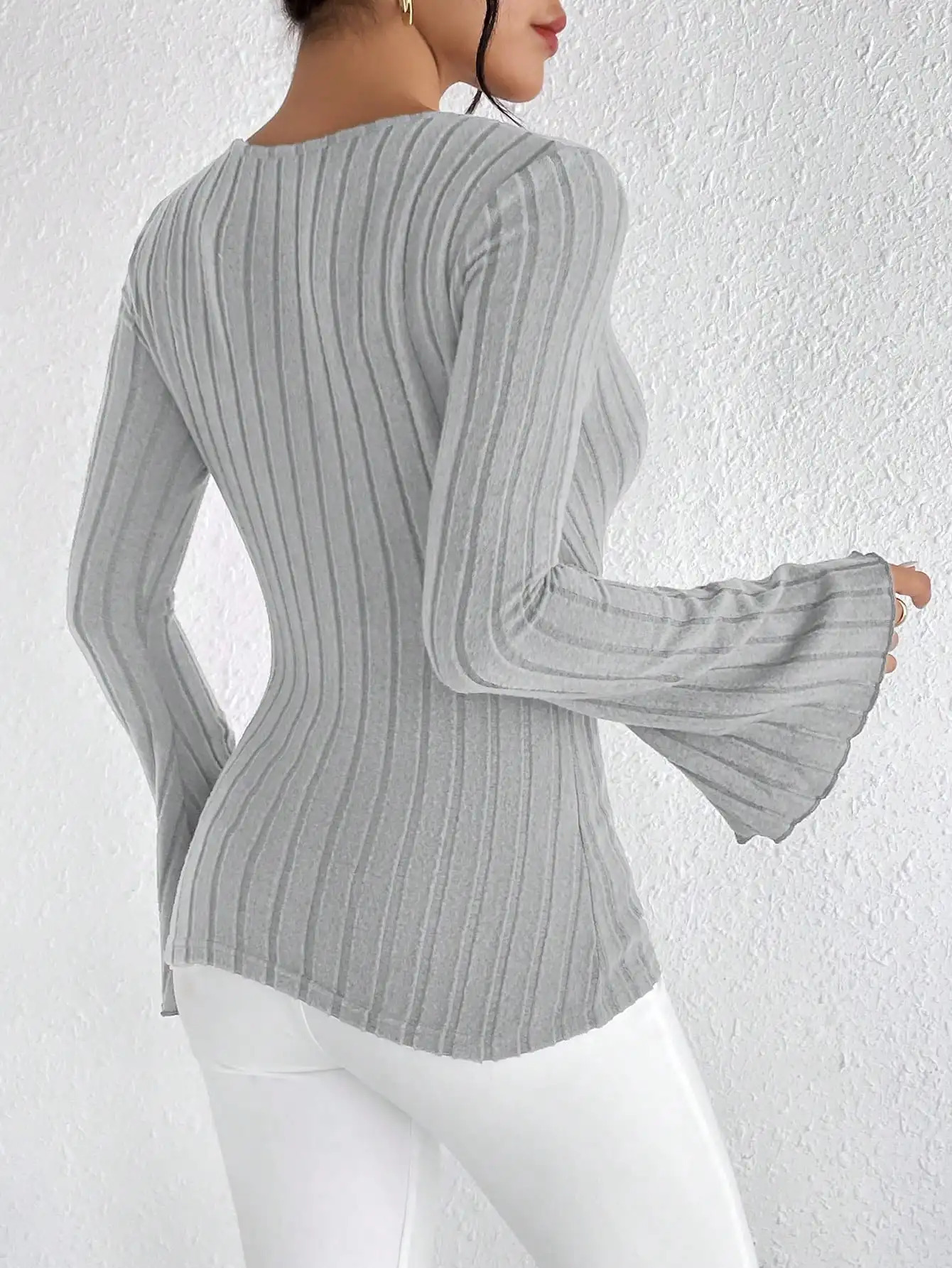 autumnWinter Vneck solid color sexy fashion n sense slim long sleeve knitted womens Tshirt 250211