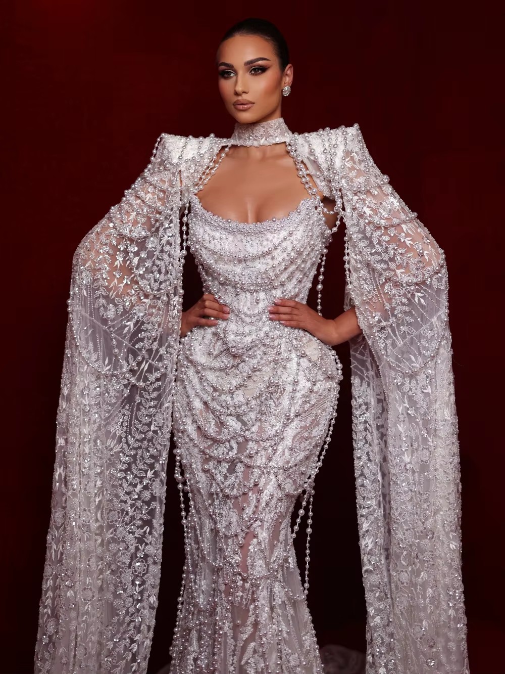 Exquisite Mermaid Wedding Dress High Collar Long Sleeves Bridal Gowns Sequins Pearls Sweep Train Dresses Custom Made vestidos de novia