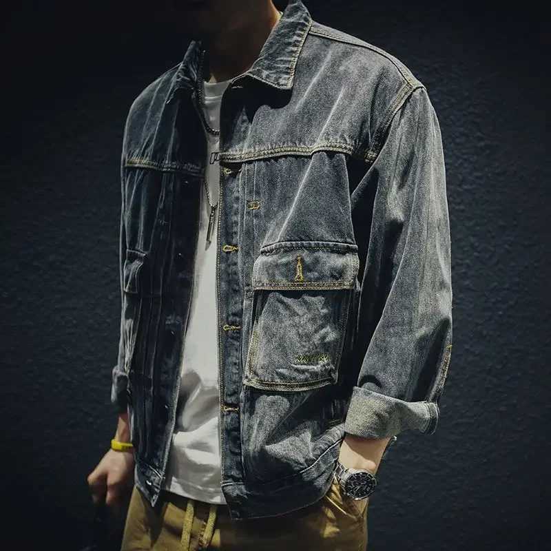 Plus Size Cowboy Coat for Men Button Denim Jackets Man Cargo Y2k High Quality Loose New In Outwear On Board Elatic Rock X250213