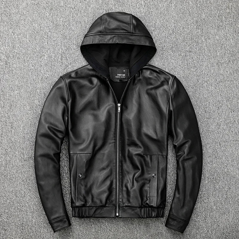 Mens Hooded Leather Jacket 100% Genuine Sheepskin Motorcycle Black Coat Male Hoodies Clothes Spring Hat Leather Jacket Men 250213