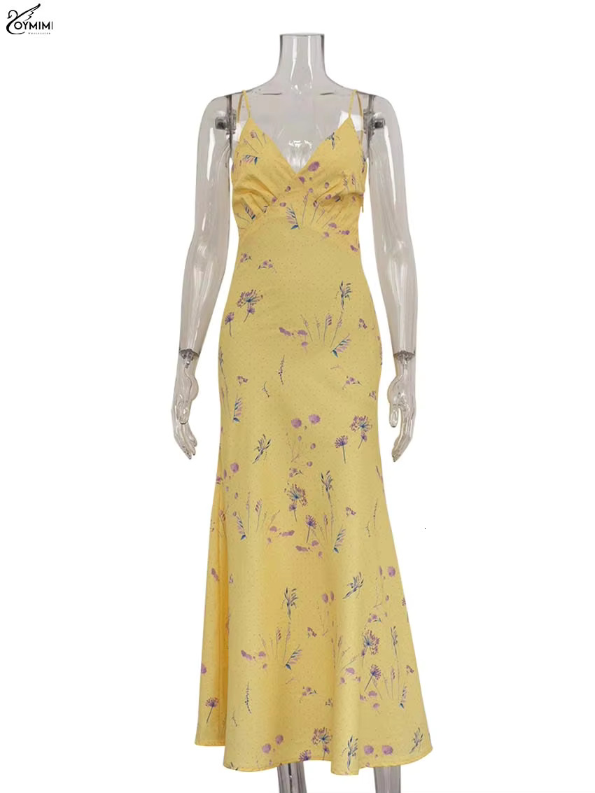 Oymimi Casual Yellow Print Women's Elegant Spaghetti Strap Open Back Dresses Autumn Fashion High Waist Ankle-Length Dress