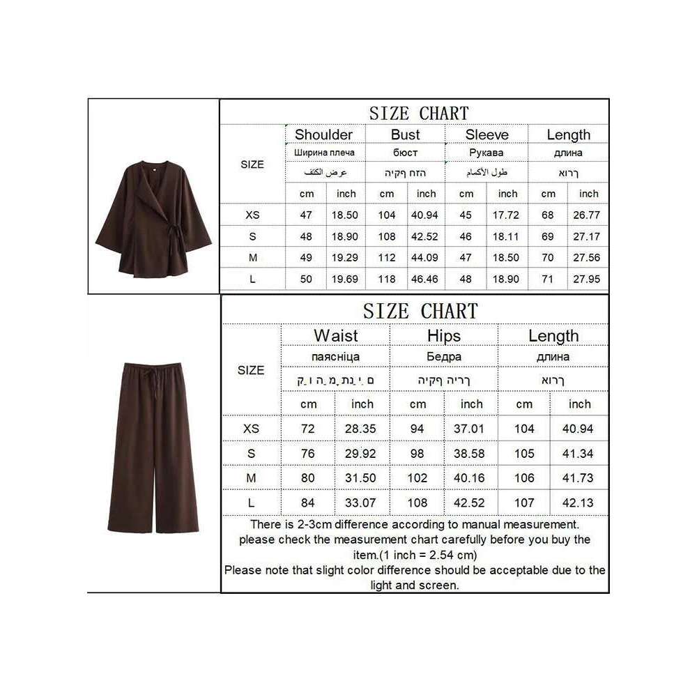Fashion En 2 Pieces Women 2025 Spring Summer Kimono Style Loose Lace Up Shirts Tops Women's Wide Leg Pants Sets