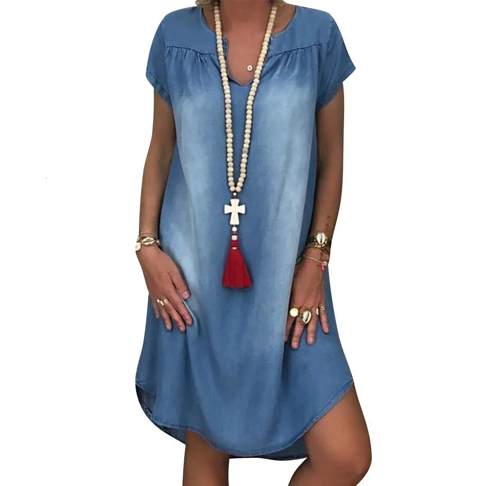 Denim Dress Swing Summer Plus Size 1XL5XL Womens Fashion Casual Solid V Neck Long Party Loose Short Sleeve 250121