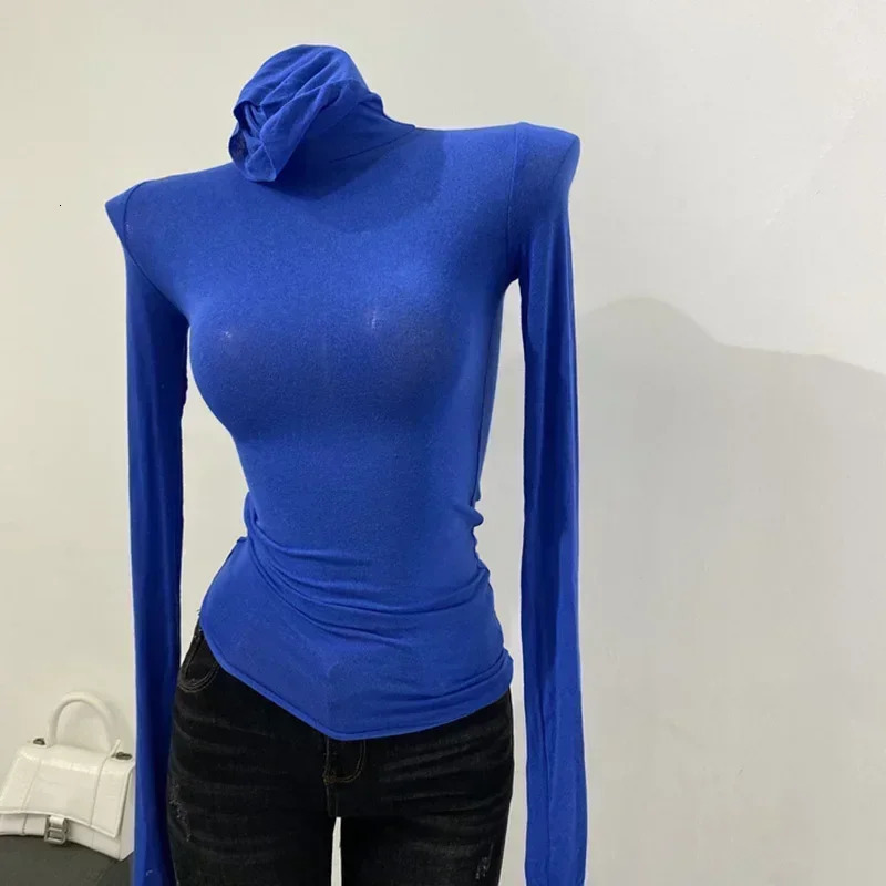 Turtleneck ultra-thin high-quality plain weave T-shirt for women cotton elastic basic womens top long sleeved sexy thin T-shirt See Through 250208