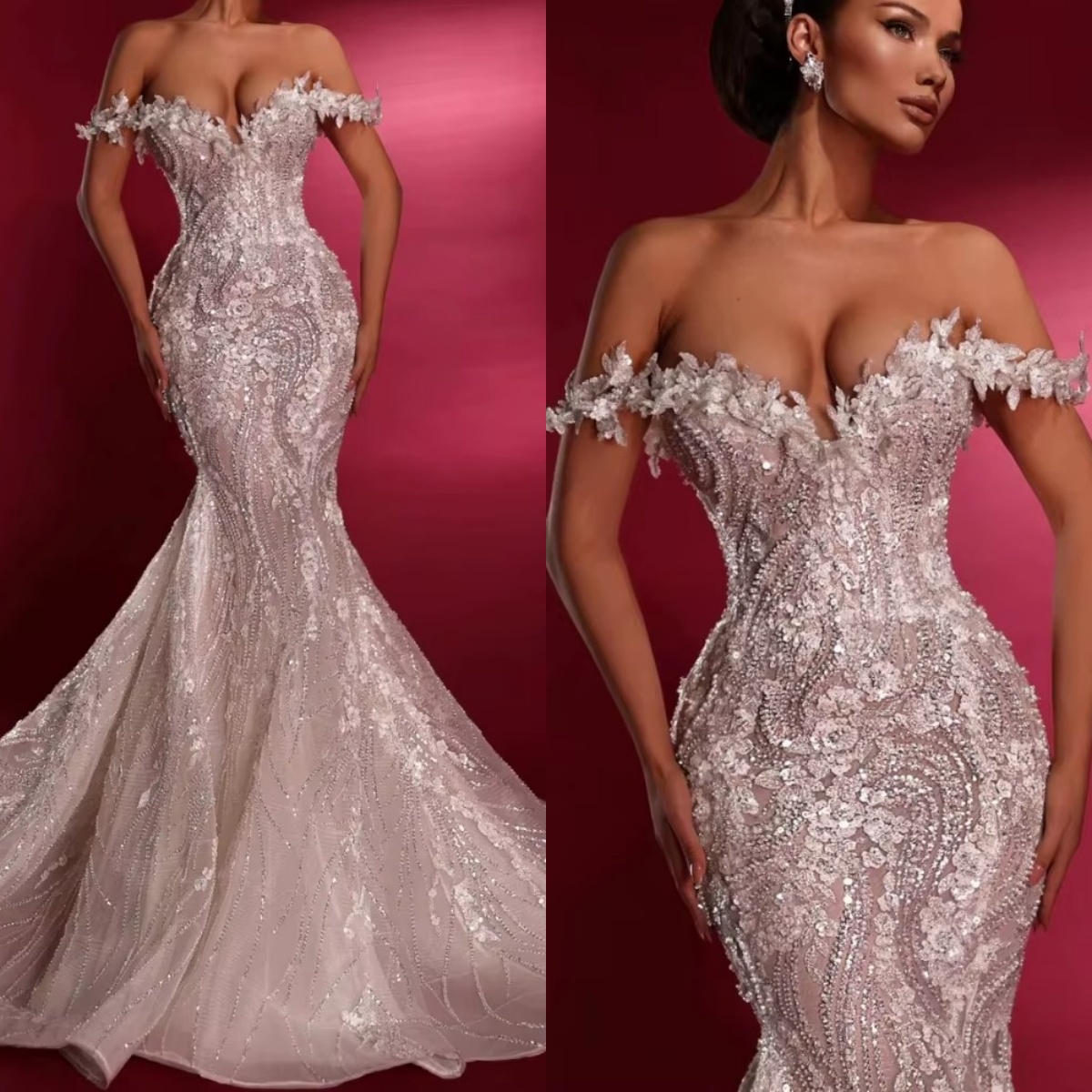 Mermaid Wedding Dress Off Shoulder Sleeveless Bridal Gowns Sequins Appliques Sweep Train Dresses Custom Made vestidos de novia