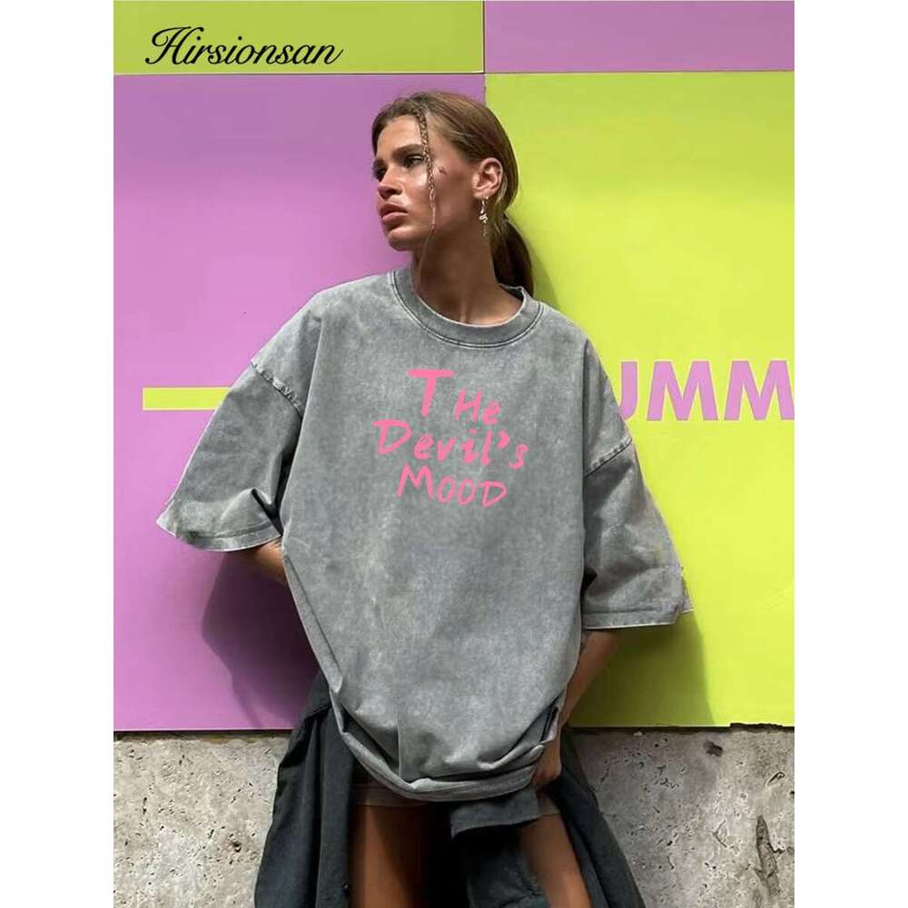 Hirsionsan Acid Washed T Shirt Women Vintage Cotton T-Shirts Streetwear Soft Mineral Tees Girl Loose Letter Print Tops Y2k