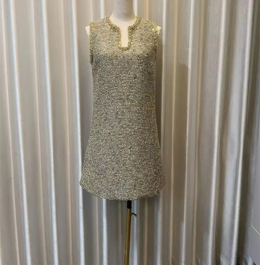 2024 Runway Women Dias Sequins V Neck Tank Prom Party Mini Dress Autumn Winter Tweed Sleeveless Vest Weave A E Clohtes