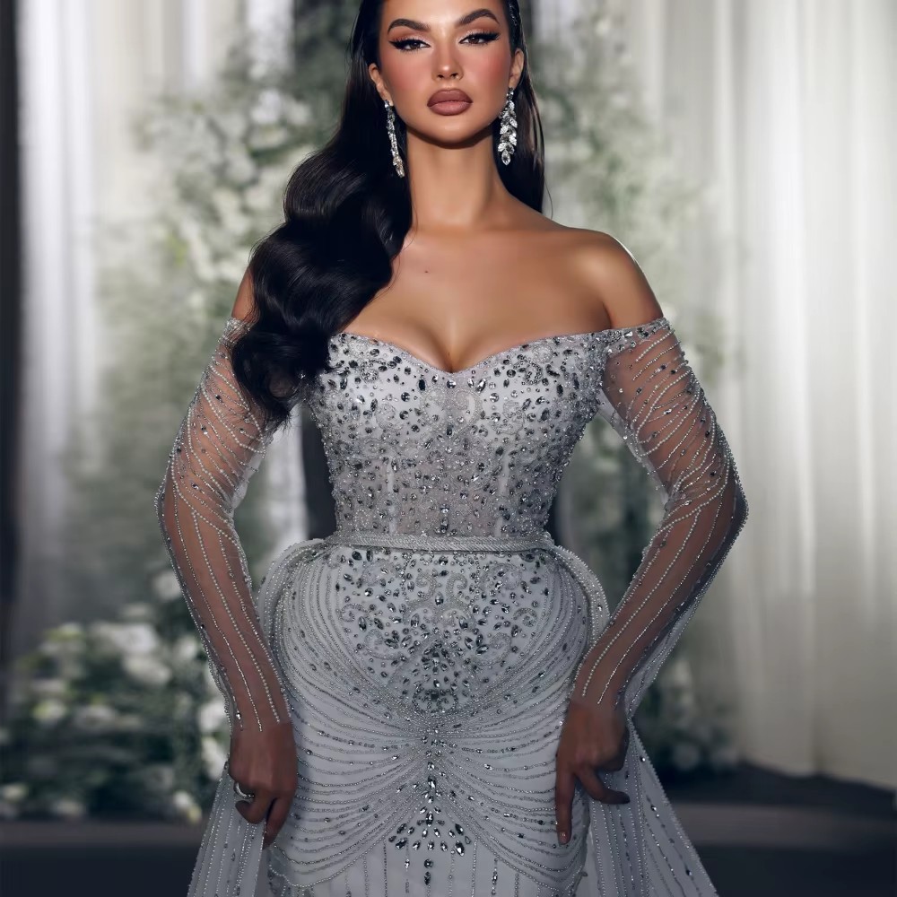 Gorgeous Mermaid Wedding Dress Off Shoulder Long Sleeves Bridal Gowns Sequins Crystal Detachable Train Dresses Custom Made vestidos de novia