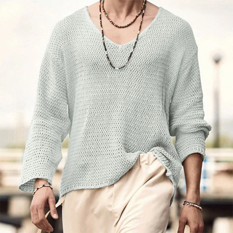 Autumn Mens Clothing Knit T Shirt Solid Color V Neck Long Sleeve Leisure Streetwear Hollow Out Loose Tees S-3XL 250208