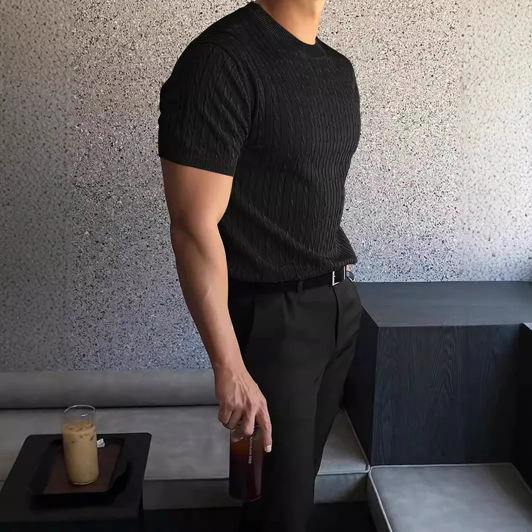Autumn Knitted Round Neck Short Sleeve Mens Loose Polo Neck Short Sleeve Top Casual Sports T-shirt 250208