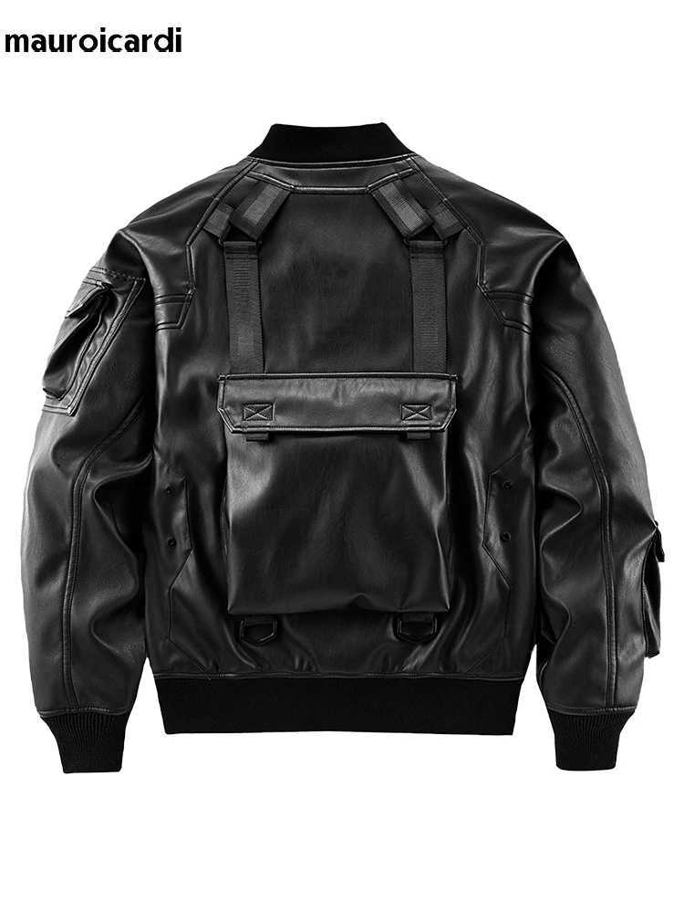 Mauroicardi Spring Autumn Oversized Cool Pu Leather Bomber Techwear Jacket Men with Many Pockets Luxury Designer Clothes 2023 X250213