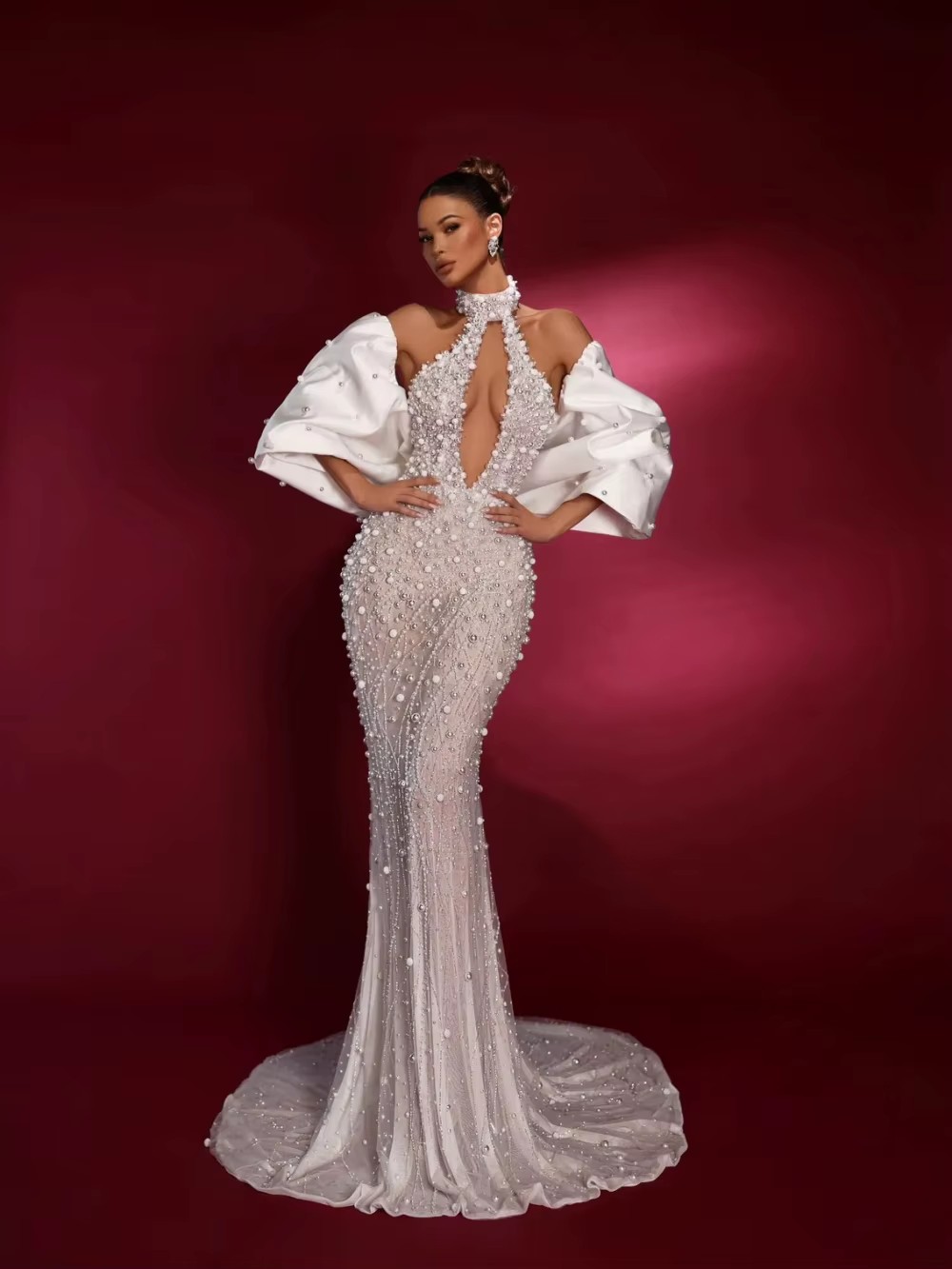 Mermaid Wedding Dress High Collar Short Sleeves Bridal Gowns Sequins Beaded Backless Sweep Train Dresses Custom Made vestidos de novia