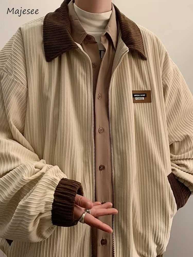 Mens Jackets Contrast Color Vintage Hong Kong Style Loose Leisure All-match Cozy Lapel Teens Streetwear Youthful Warm Classic X250213
