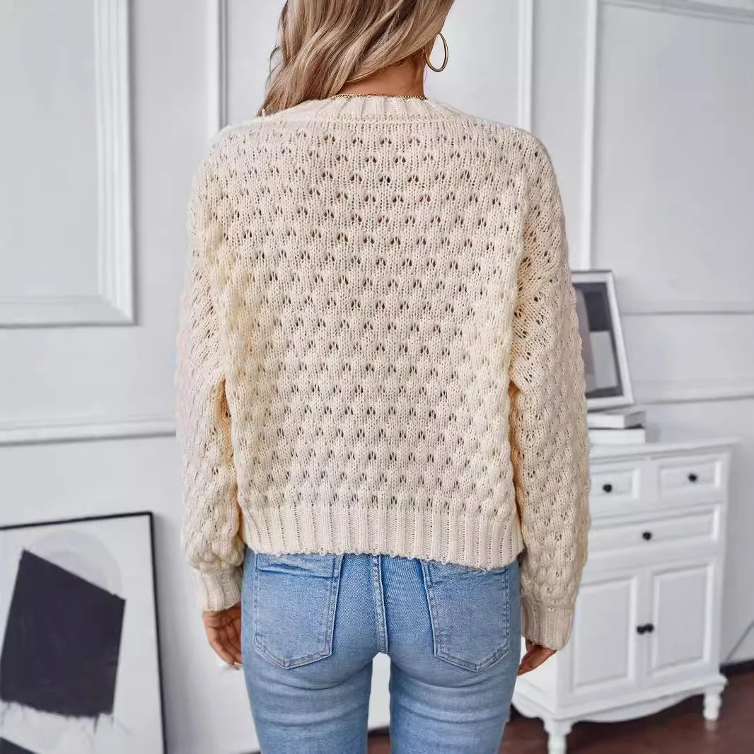 Autumn Winter Womens Knitted Top Womens Hollow Pulled Sweater Womens Retro O-neck Knitted Womens Clothing 250210