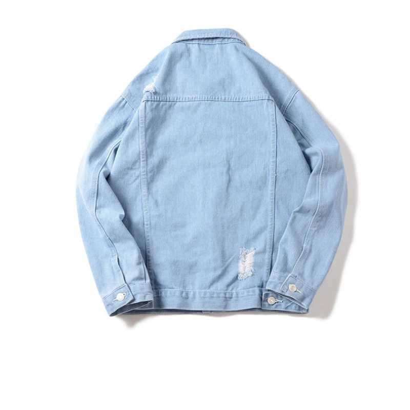 Spring and Autumn New Mens Casual Loose Work Coat Trendy Hole Denim Jacket X250213