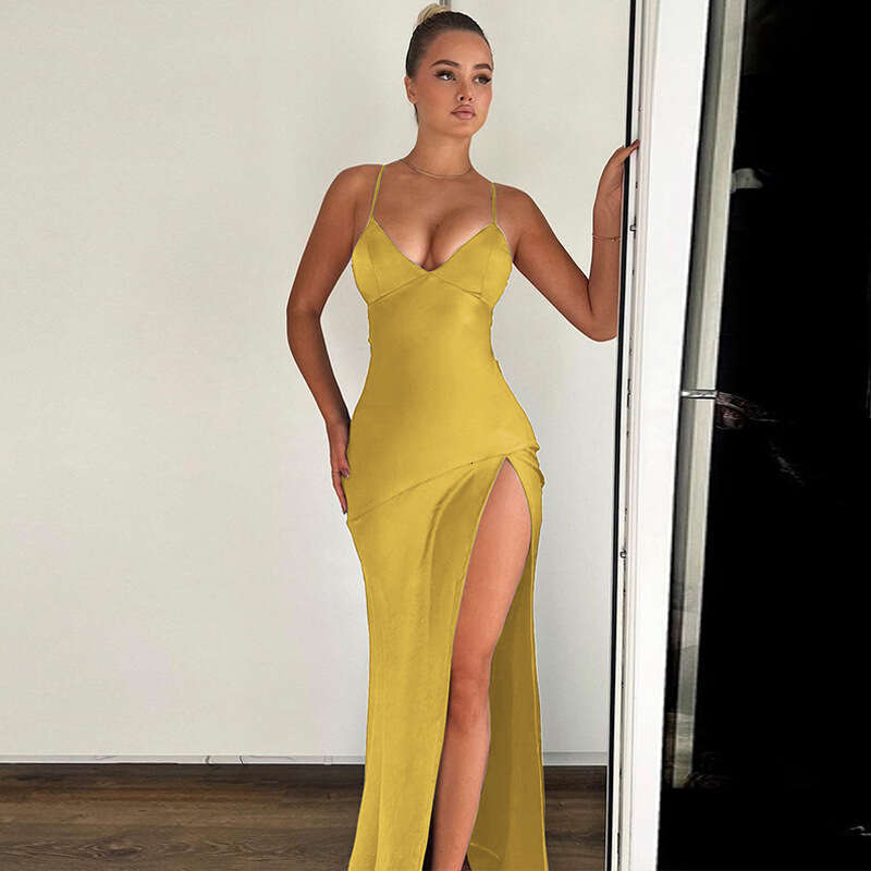 Hot selg women's spring product fashionable and sexy V-neck backless lace up slit dress wholesale 2025 new casual versatile fashion clothing