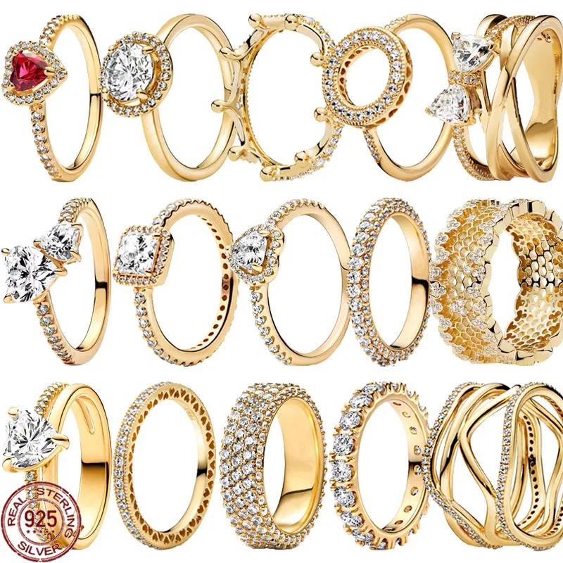 Cluster Rings 925 Sterling Silver Shiny Classic Gold Color Crown Bow Heart-shaped Exquisite Luxury Charm Women's Jewelry Party Gifts