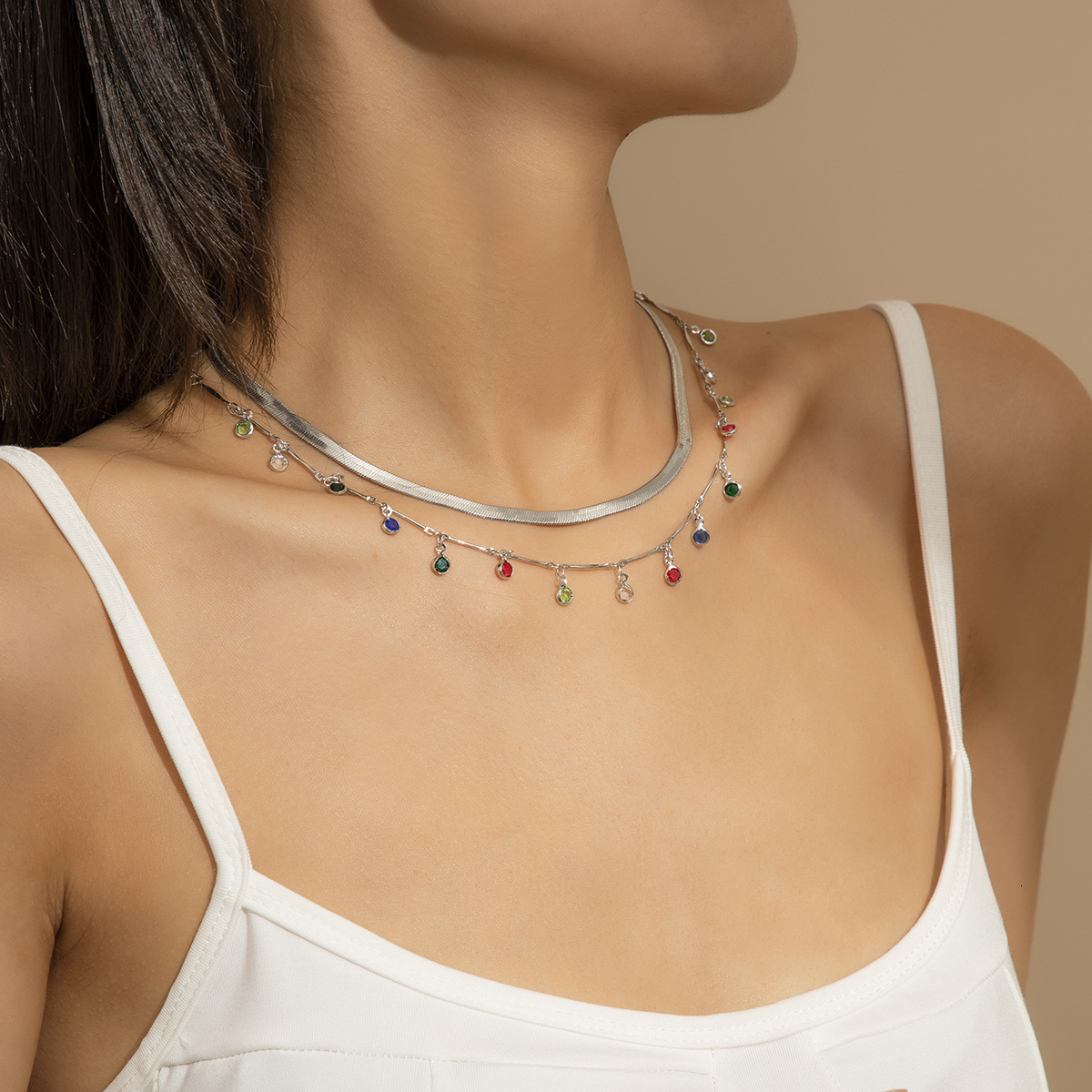 Woman Jewelry minimalist double layered tassel for women's personality square flat snake designer bone chain combination necklace