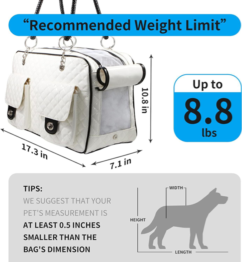 Luxurious Pet Carrier, Small Dog Carrier Two Snack Pockets, Waterpro of Shiny Leather Cats Carrying Handbag with Breathable Mesh for 8 LBS Dogs White 