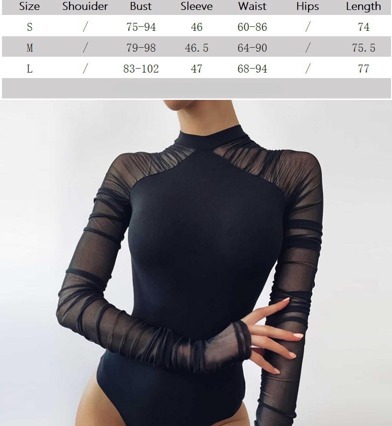 Women's Jumpsuits Autumn Mesh Patchwork Elegant Long Sleeve Bodysuit for Women Sexy Bodycon Body Suits Women's Tops Black One Piece Outfits