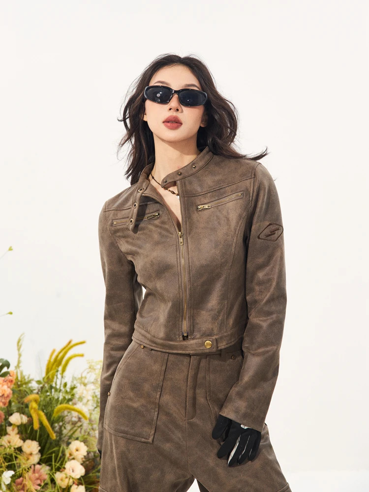Solid Jackets Womens week Motorcycle Rider Spring and Autumn Retro American Style Ultra Thin Crop Fashion High end Young Street 250208