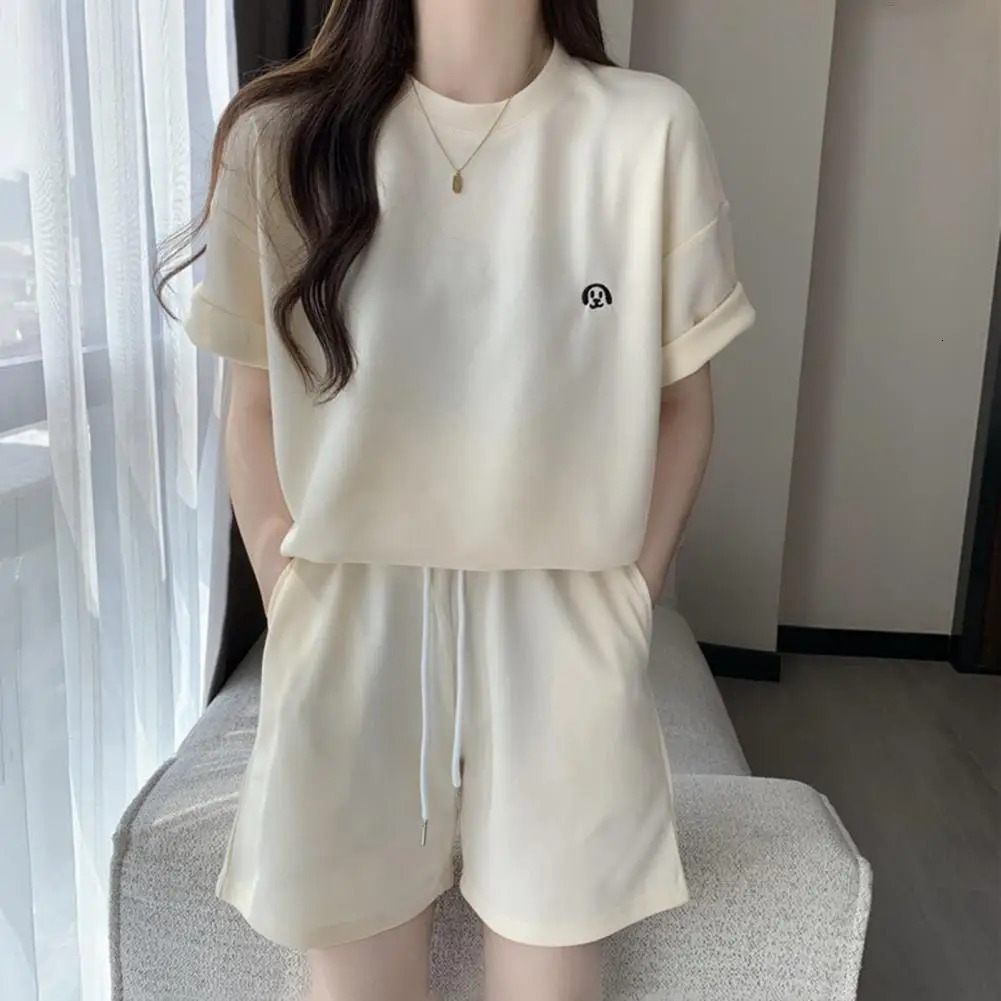 Women Tracksuit Womens Summer Tracksuit Set O Neck Short Sleeve T-shirt Drawstring Elastic Waist Shorts Sporty for Ladies 250213