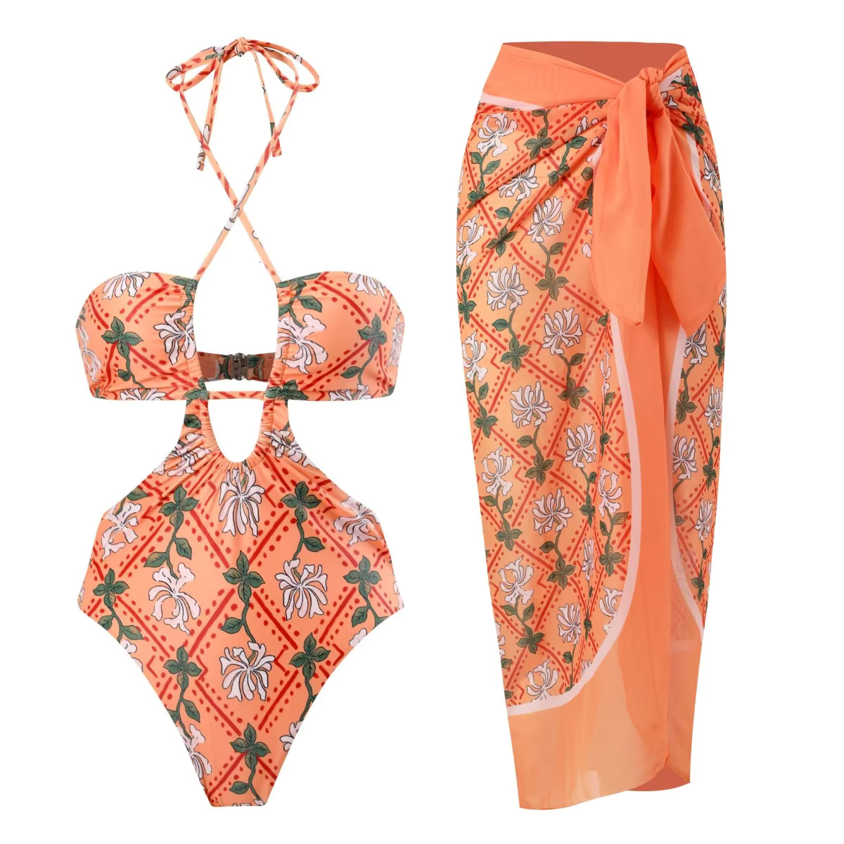 2023 High Leg One Piece Swimwear Women Print Swimsuit Cut Out Bathing Suit Cross Beach Wear Bodysuit Monokini Summer