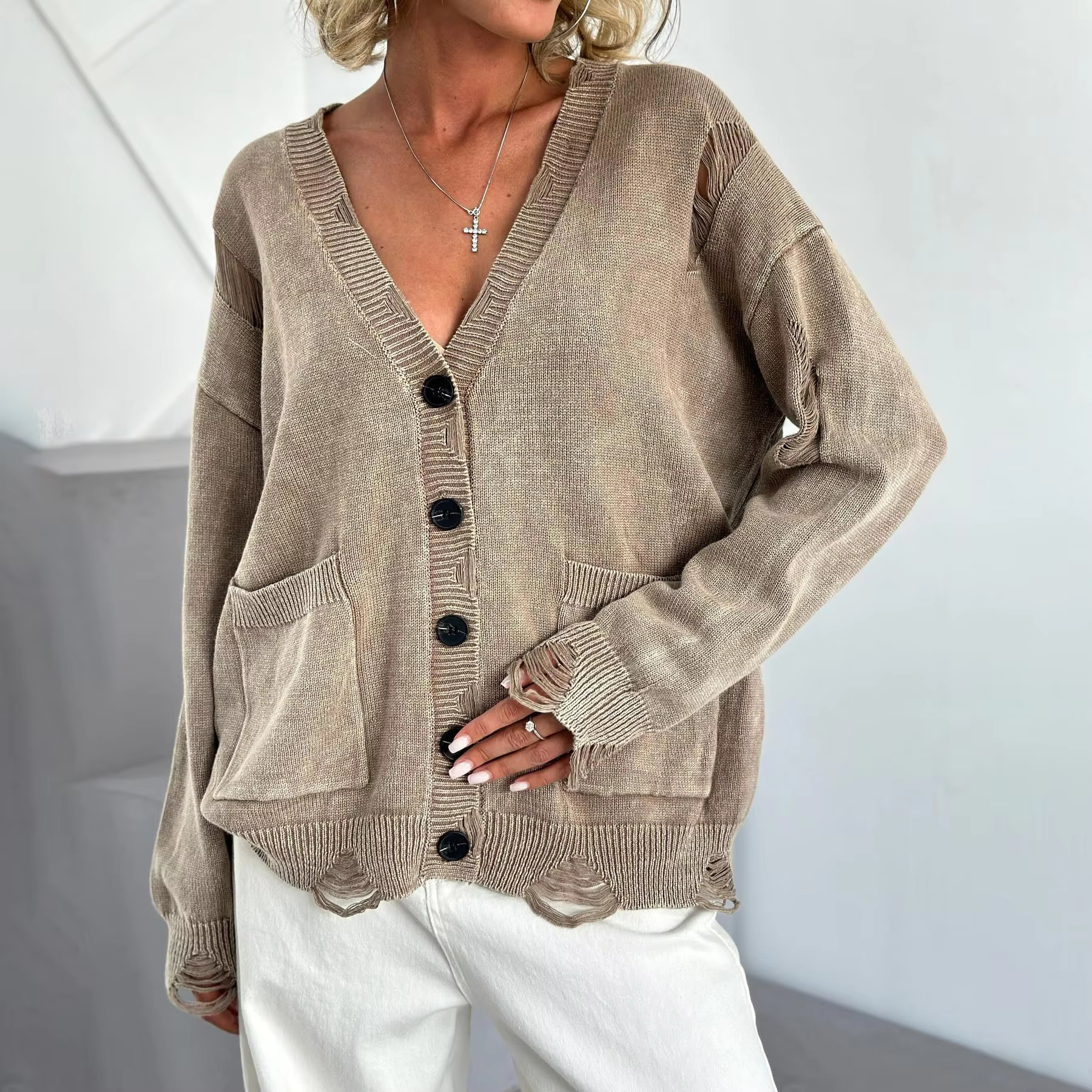 2025 New Hole Retro Vintage Button Knitted Cardigan Women Oversized Soft Tops Autumn Female Fashion Loose Fit Causal Sweater