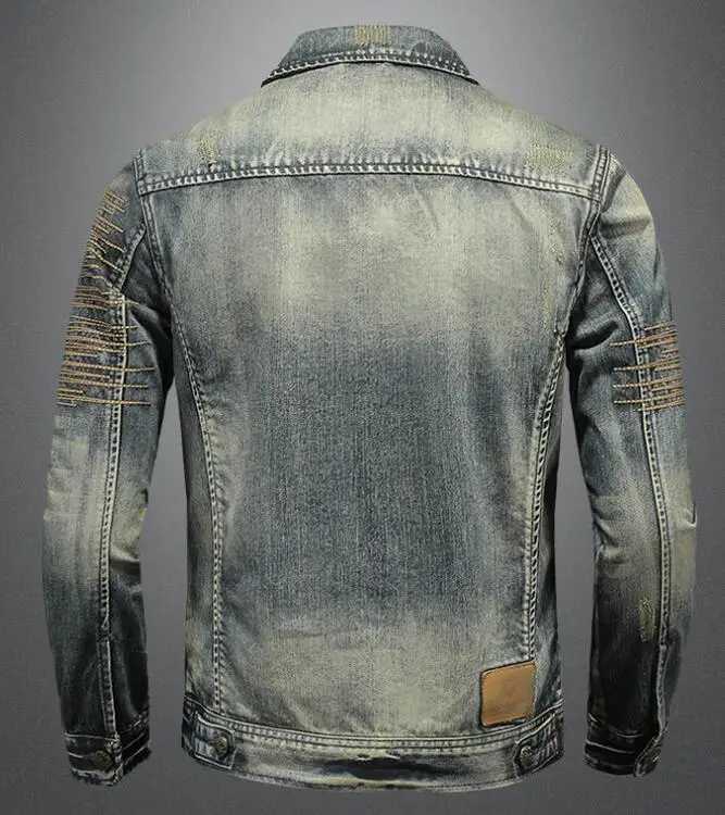 Riding Biker Denim Jacket Mens Retro Slim Cowboy Jacket Youth High Street Ripped Patch Denim Outerwear X250213