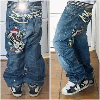 Gothic Hip Hop Skull Embroidery Jeans for Men Casual Y2k High Waist Wide Leg Baggy Jeans Retro Straight Denim Pants Streetwear 250210