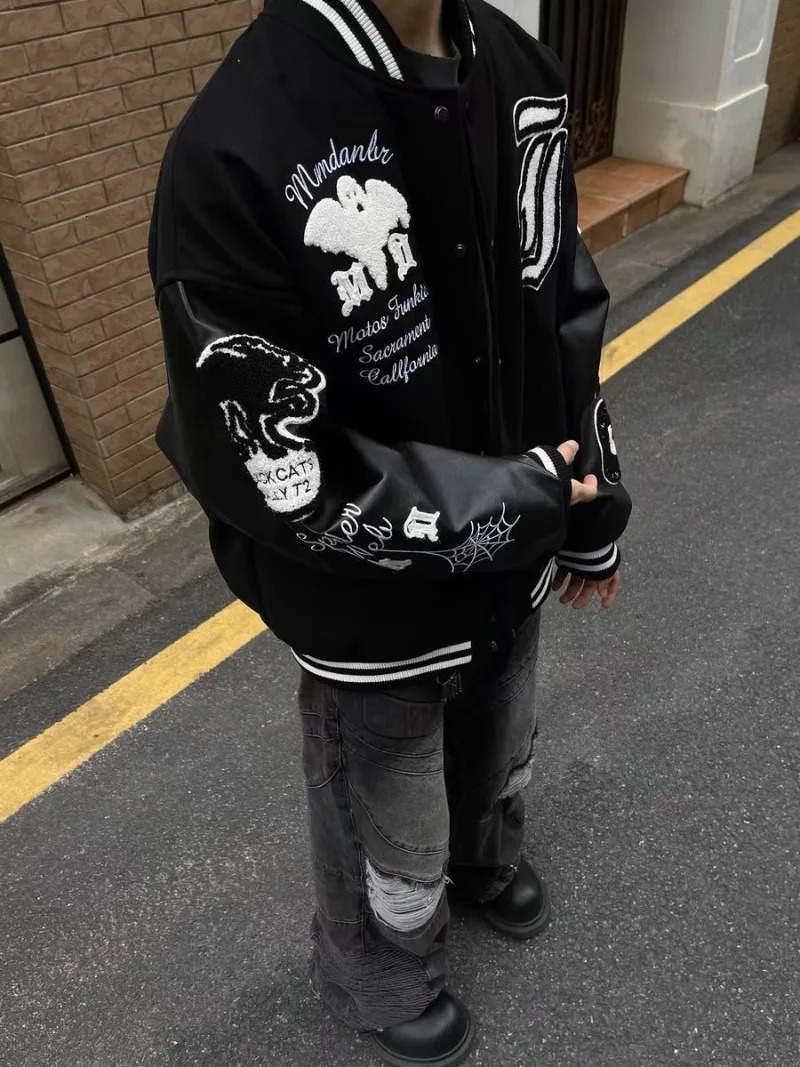 American Vintage Street Letter Embroidered Flocking Baseball Uniform Y2K Harajuku Couple Jacket Loose Coats 250212