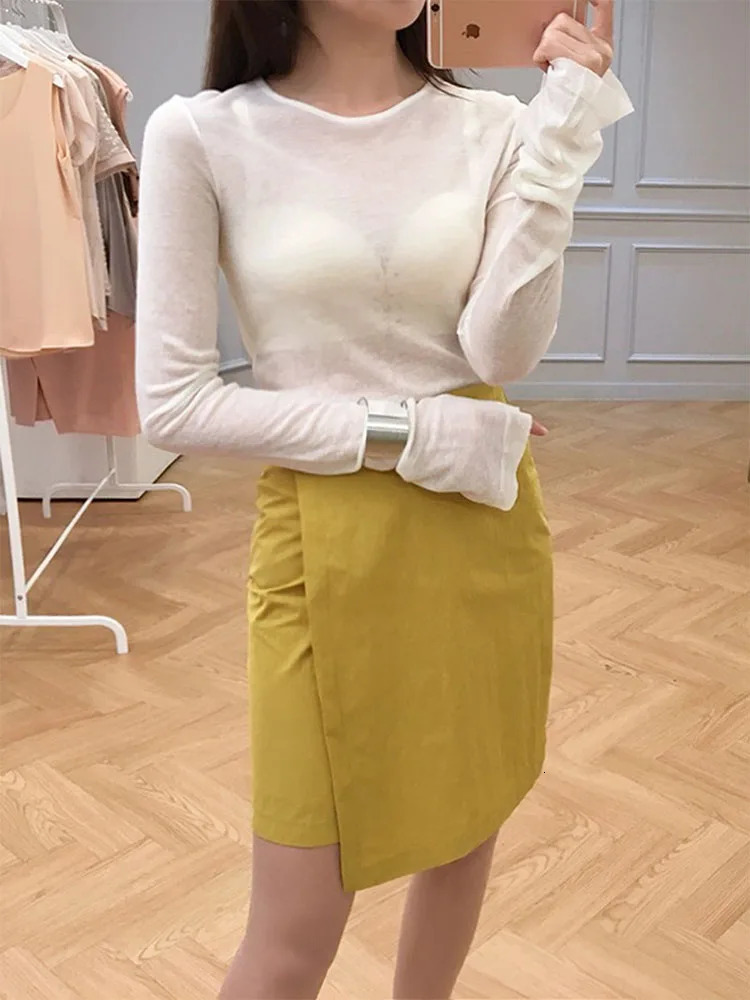 Sexy womens T-shirt long sleeved Korean style slim fit basic elastic T-shirt womens clothing T-shirt women 250208